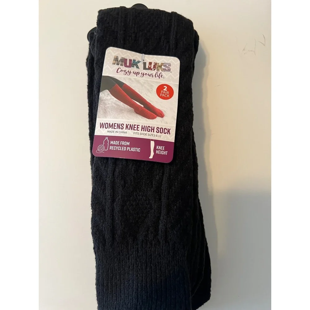 Muk Luks Womens Knee High Socks 2 Pair Pack Black Cable Knit Shoe Size 6-11